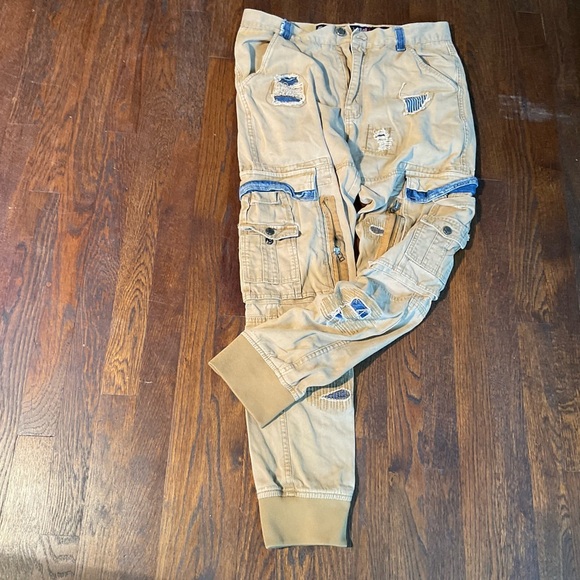 Heritage America Tan Denim Distressed/Patches Cargo Pants, Ribbed Cuffs, 32”x31” - Picture 6 of 9